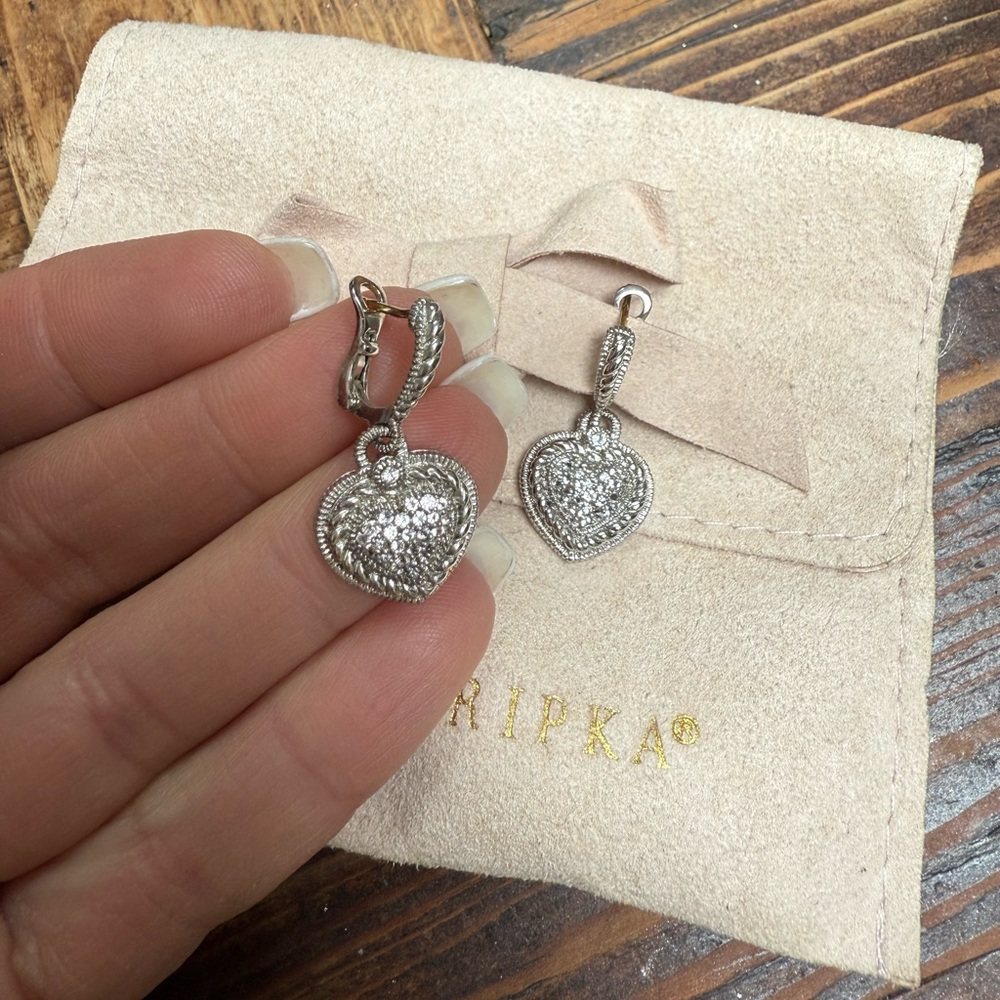 Judith Ripka Diamond Heart Drop Earrings (Sterling Silver & 18K Gold)